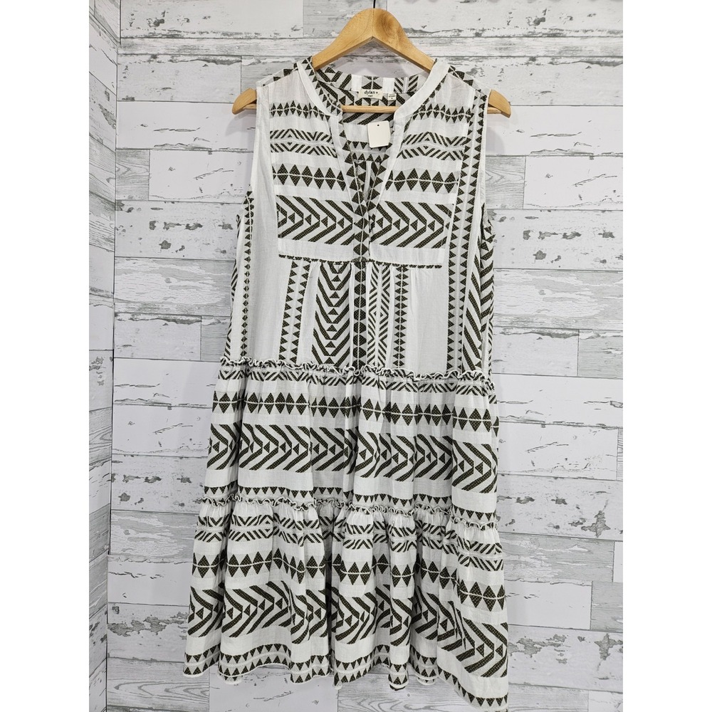 Dylan Women Small White Olive Green Geometric Tribal Tiered Cotton Mini Dress